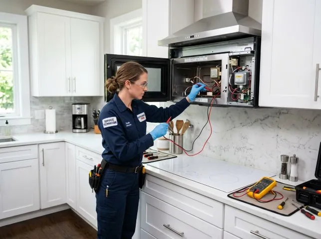 Appliance Repair Hero technician testing an over-the-range microwave in a Attleboro, MA kitchen